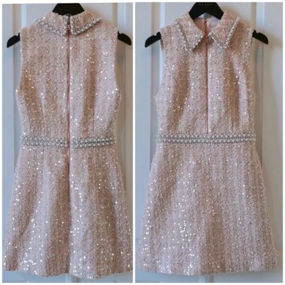 ALICE + OLIVIA Ellis Pearl Pink Tweed  Embellished Mini Dress - Picture 2 of 5